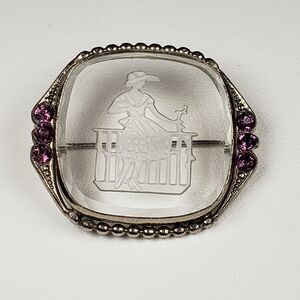 Vintage Czech Reverse Carved Intaglio Glass Lady at Fence Silver Tone Brooch